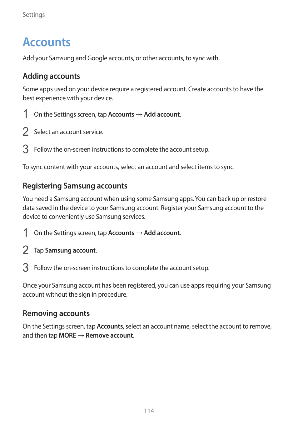 Accounts, 114 accounts | Samsung Galaxy S6 User Manual | Page 114 / 140
