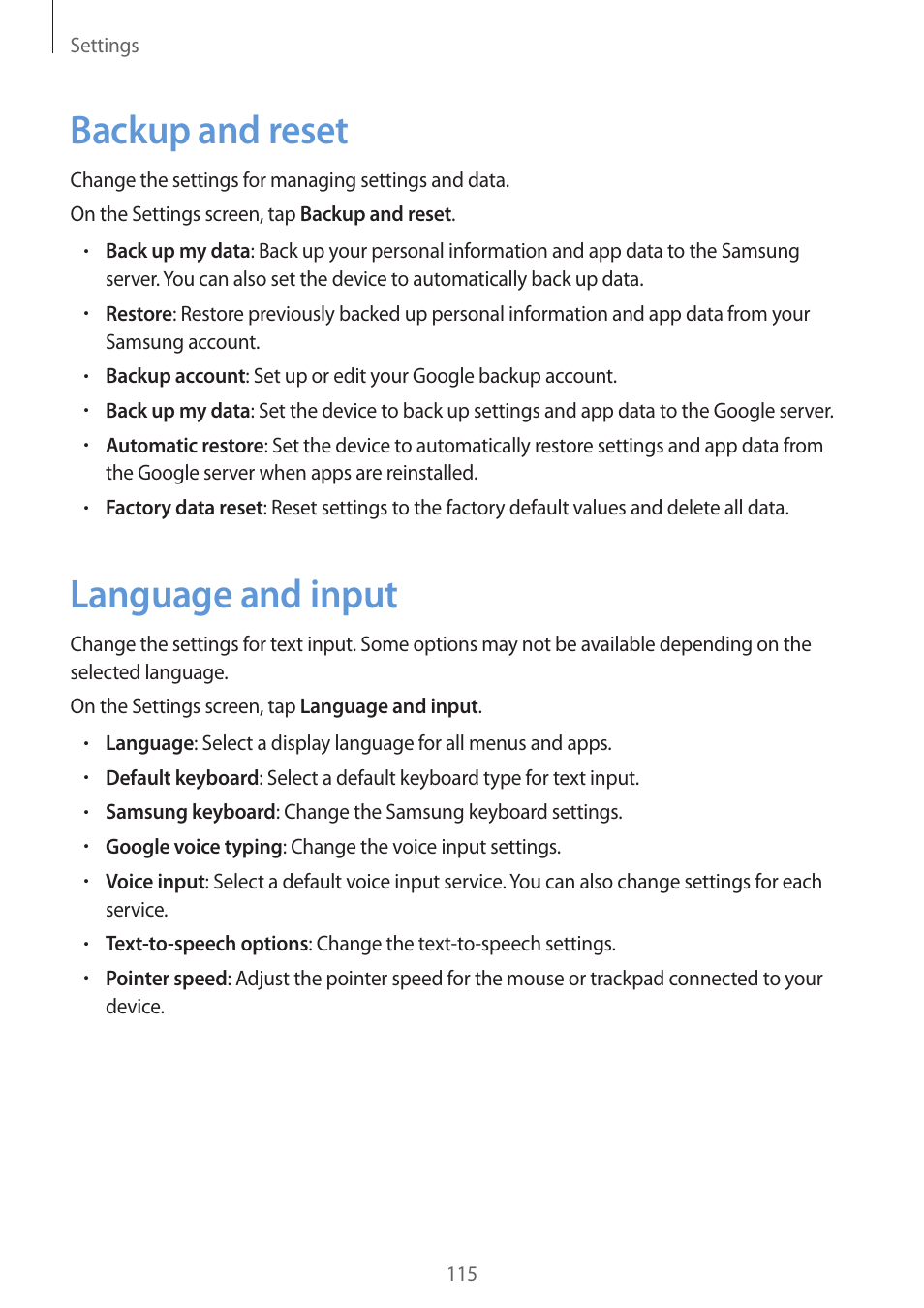 Backup and reset, Language and input, 115 backup and reset 115 language and input | Samsung Galaxy S6 User Manual | Page 115 / 140