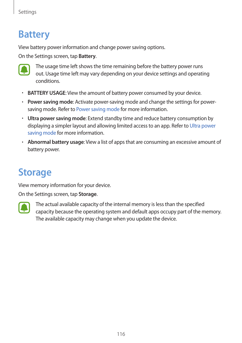 Battery, Storage, 116 battery 116 storage | Samsung Galaxy S6 User Manual | Page 116 / 140