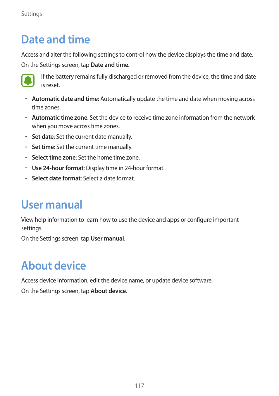 Date and time, User manual, About device | 117 date and time 117 user manual 117 about device | Samsung Galaxy S6 User Manual | Page 117 / 140