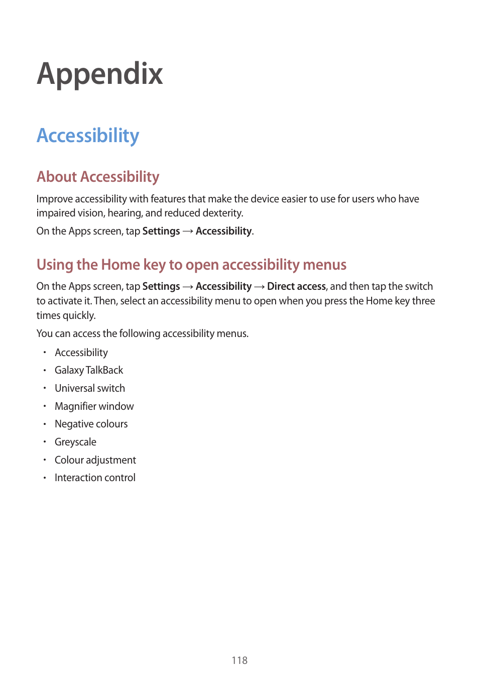 Appendix, Accessibility, 118 accessibility | Samsung Galaxy S6 User Manual | Page 118 / 140