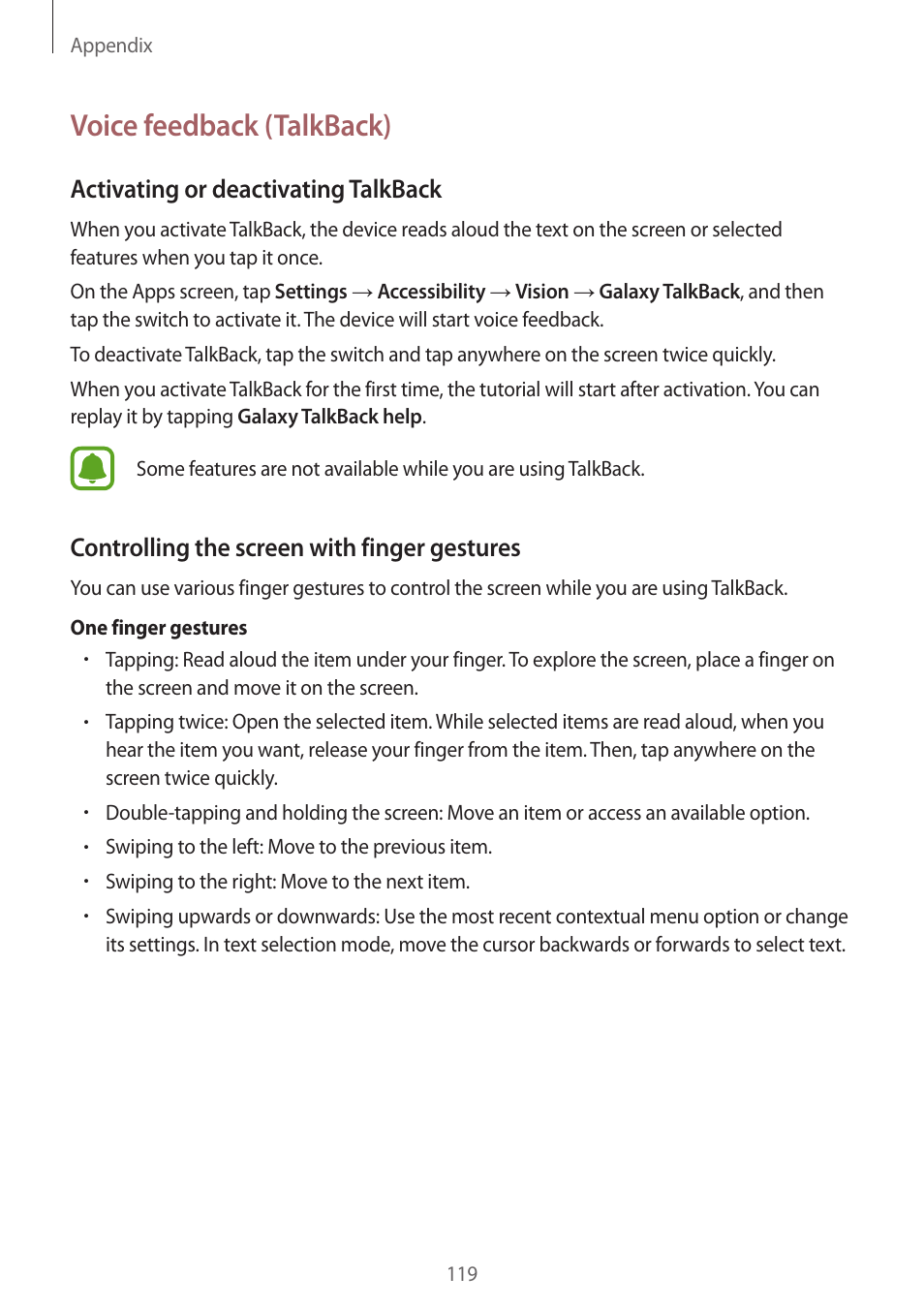 Voice feedback (talkback), Activating or deactivating talkback, Controlling the screen with finger gestures | Samsung Galaxy S6 User Manual | Page 119 / 140