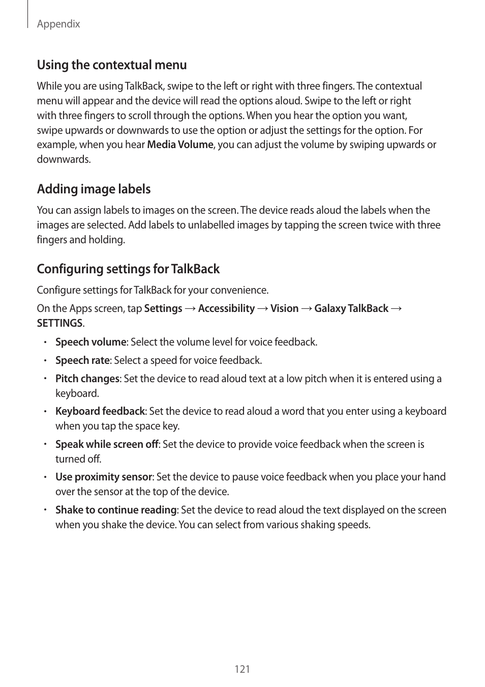Using the contextual menu, Adding image labels, Configuring settings for talkback | Samsung Galaxy S6 User Manual | Page 121 / 140