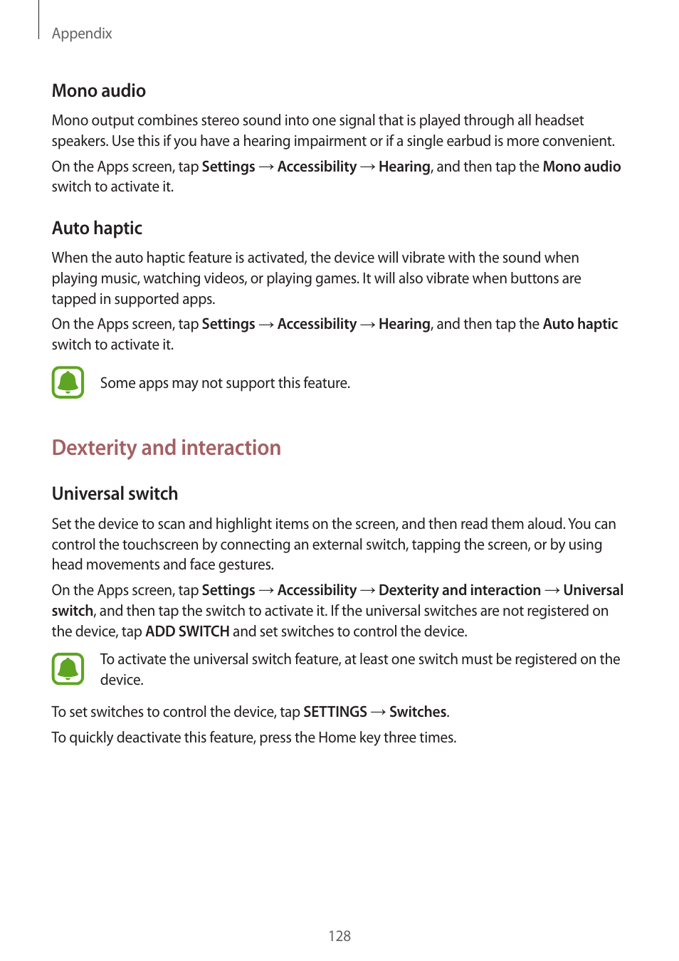 Dexterity and interaction, Mono audio, Auto haptic | Universal switch | Samsung Galaxy S6 User Manual | Page 128 / 140