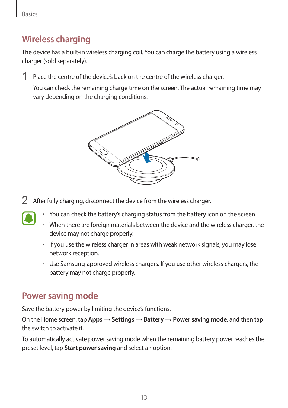 Wireless charging, Power saving mode | Samsung Galaxy S6 User Manual | Page 13 / 140