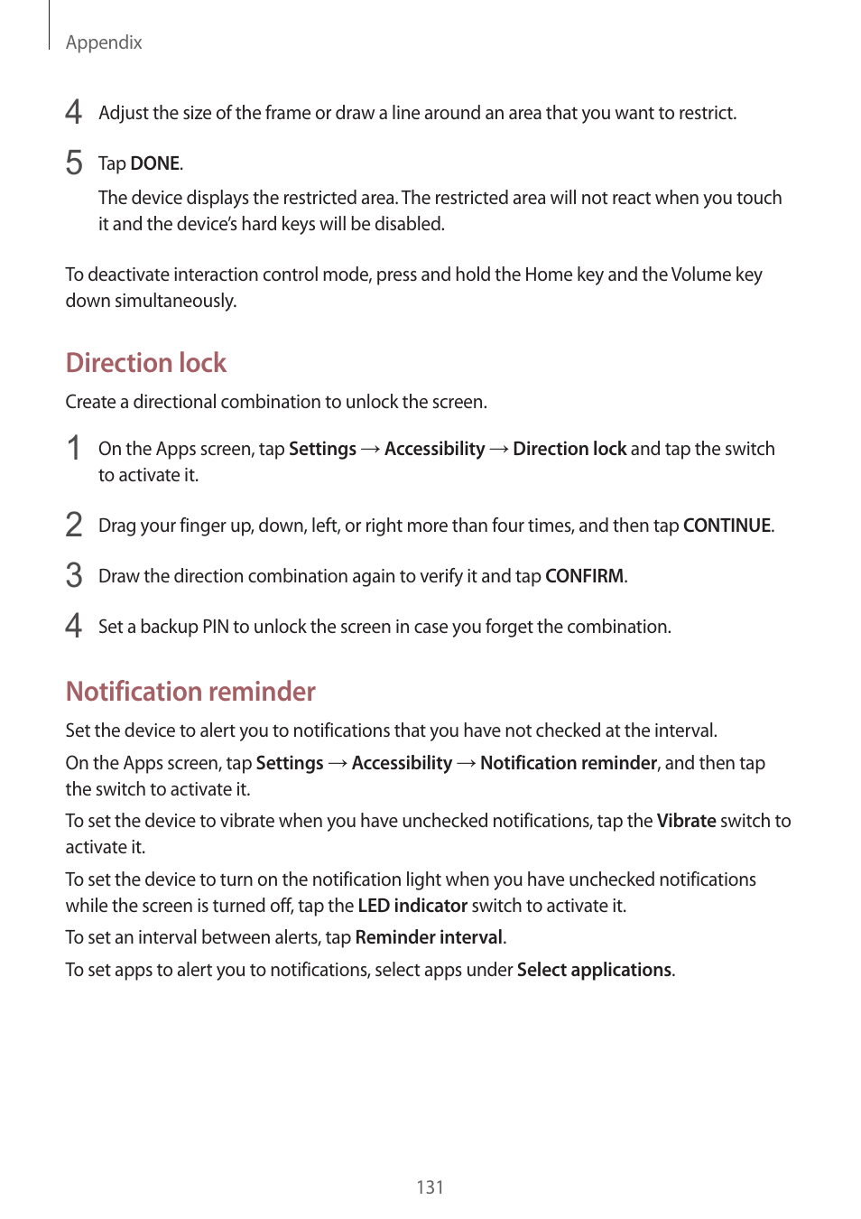 Direction lock, Notification reminder | Samsung Galaxy S6 User Manual | Page 131 / 140