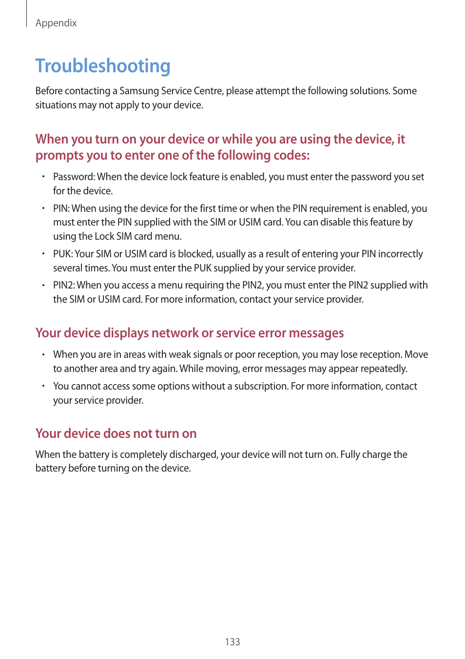 Troubleshooting, 133 troubleshooting, Your device does not turn on | Samsung Galaxy S6 User Manual | Page 133 / 140