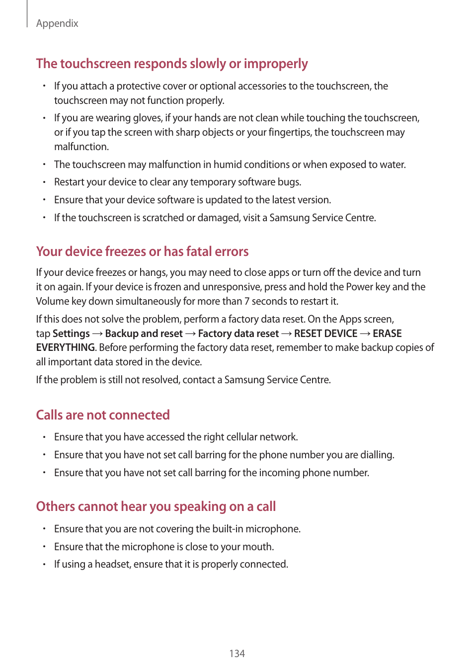 The touchscreen responds slowly or improperly, Your device freezes or has fatal errors, Calls are not connected | Others cannot hear you speaking on a call | Samsung Galaxy S6 User Manual | Page 134 / 140