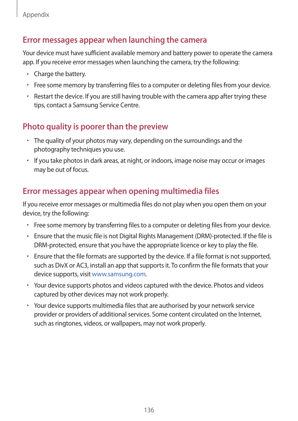 Error messages appear when launching the camera, Photo quality is poorer than the preview | Samsung Galaxy S6 User Manual | Page 136 / 140
