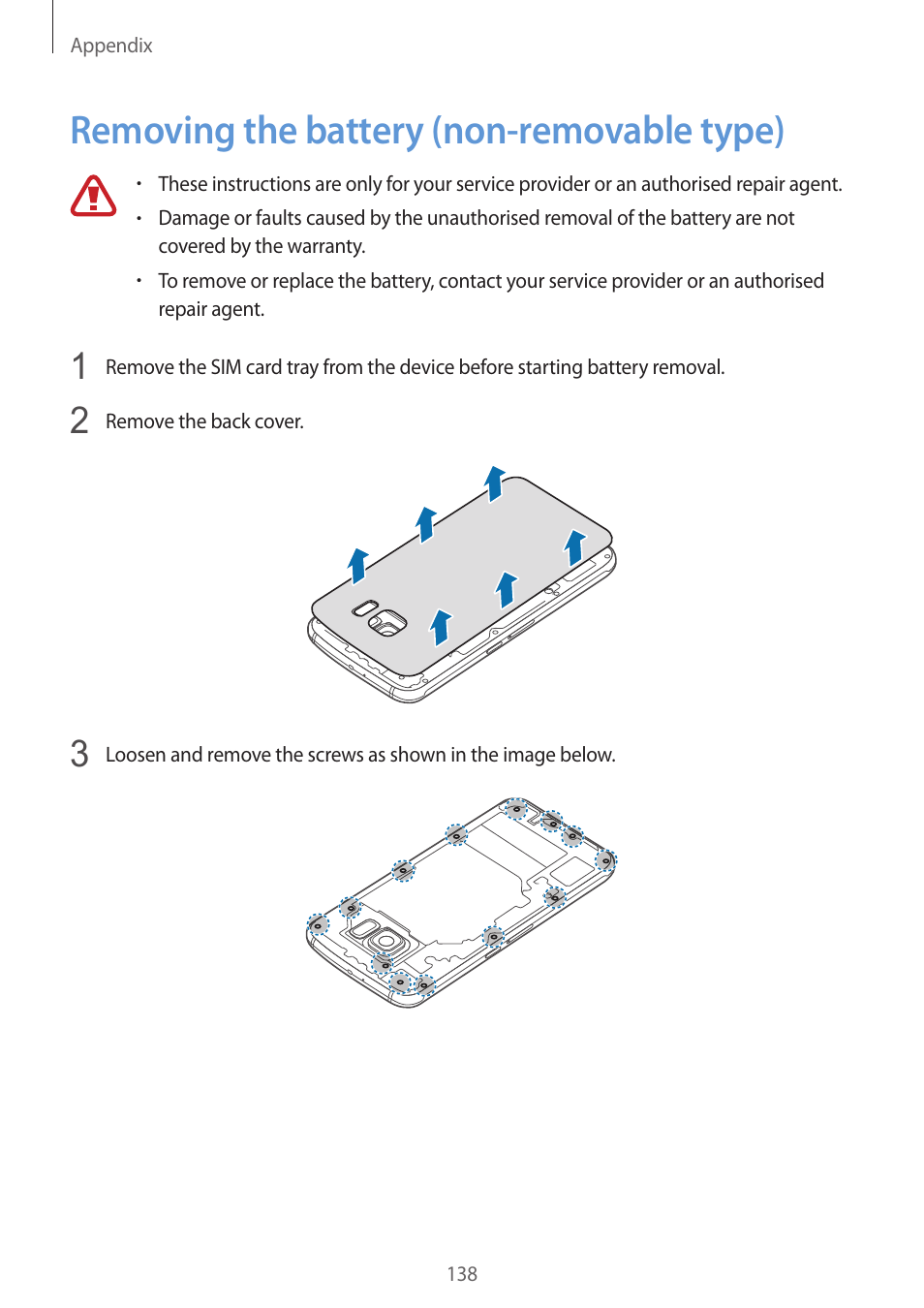 Removing the battery (non-removable type), 138 removing the battery (non-removable, Type) | Samsung Galaxy S6 User Manual | Page 138 / 140