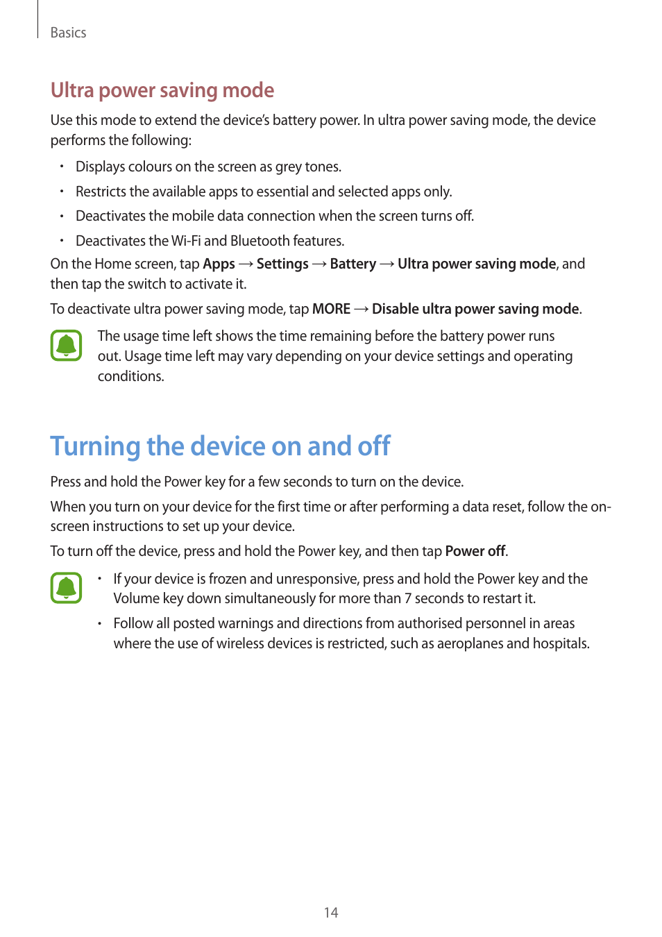 Turning the device on and off, 14 turning the device on and off, Ultra power saving mode | Samsung Galaxy S6 User Manual | Page 14 / 140