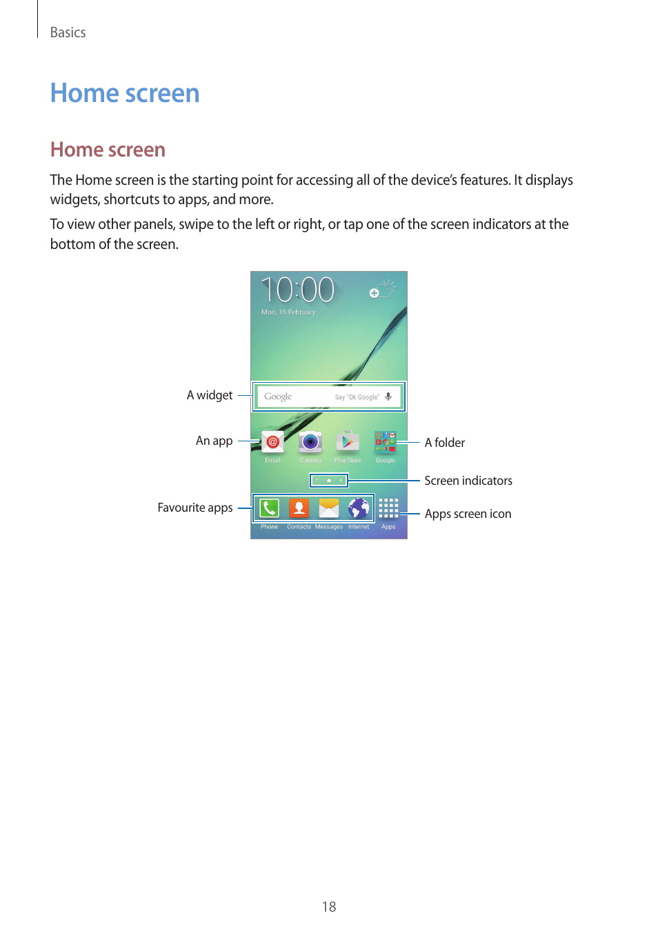 Home screen, 18 home screen | Samsung Galaxy S6 User Manual | Page 18 / 140