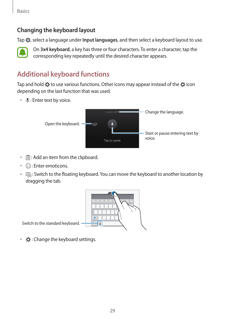 Additional keyboard functions, Changing the keyboard layout | Samsung Galaxy S6 User Manual | Page 29 / 140