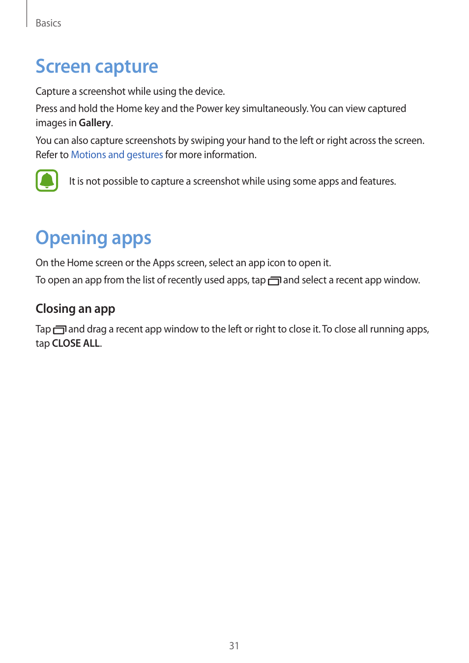 Screen capture, Opening apps, 31 screen capture 31 opening apps | Samsung Galaxy S6 User Manual | Page 31 / 140