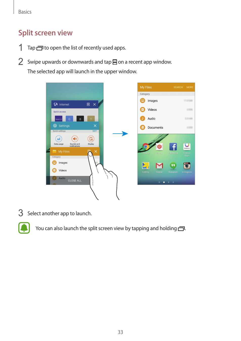 Split screen view | Samsung Galaxy S6 User Manual | Page 33 / 140