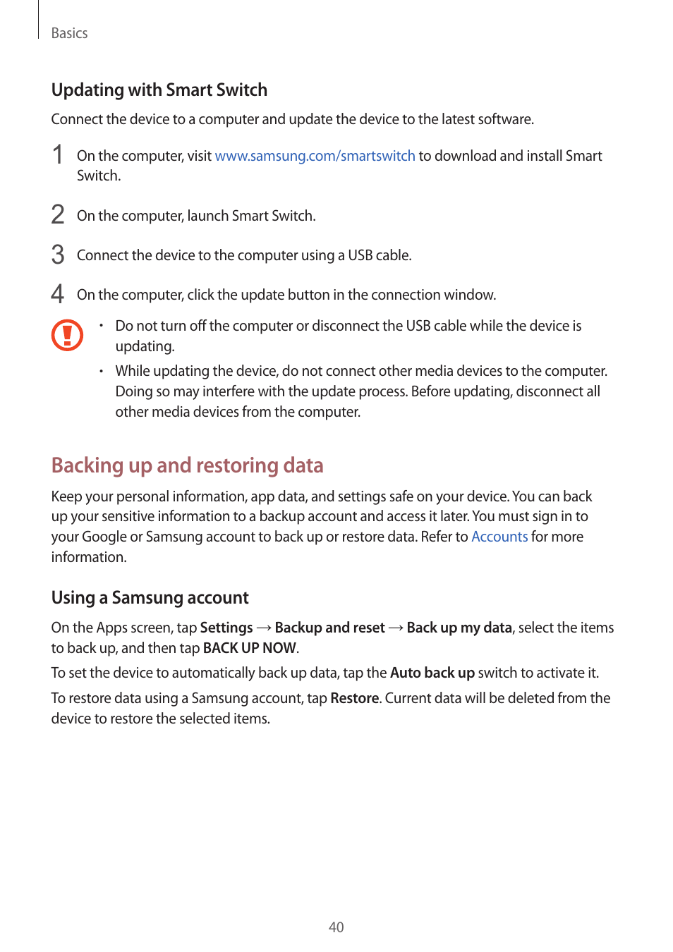 Backing up and restoring data | Samsung Galaxy S6 User Manual | Page 40 / 140