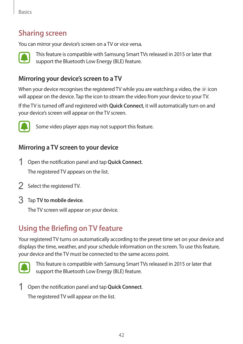 Sharing screen, Using the briefing on tv feature | Samsung Galaxy S6 User Manual | Page 42 / 140