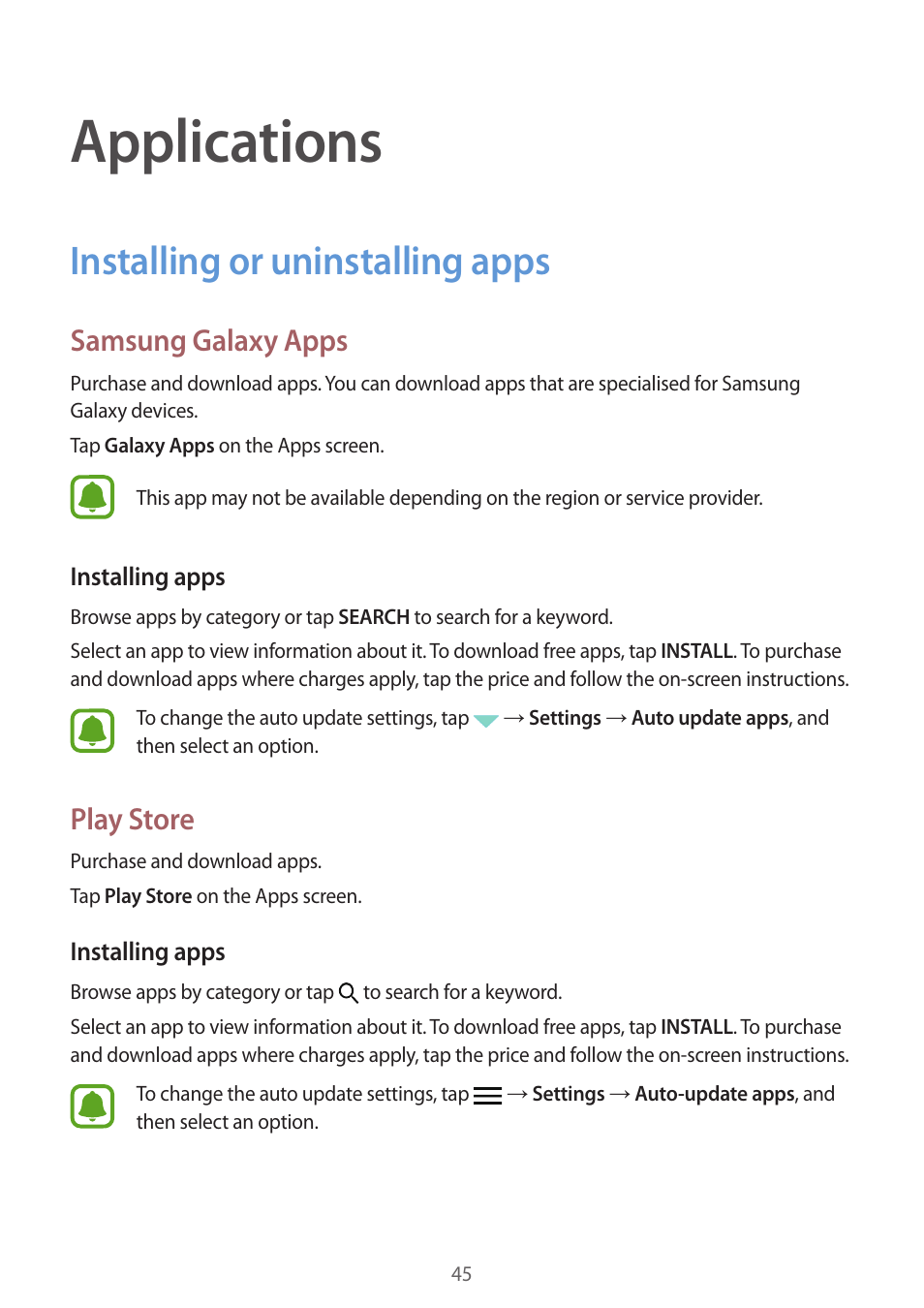 Applications, Installing or uninstalling apps, 45 installing or uninstalling apps | Samsung galaxy apps, Play store | Samsung Galaxy S6 User Manual | Page 45 / 140