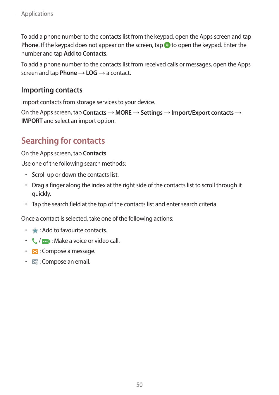 Searching for contacts, Importing contacts | Samsung Galaxy S6 User Manual | Page 50 / 140