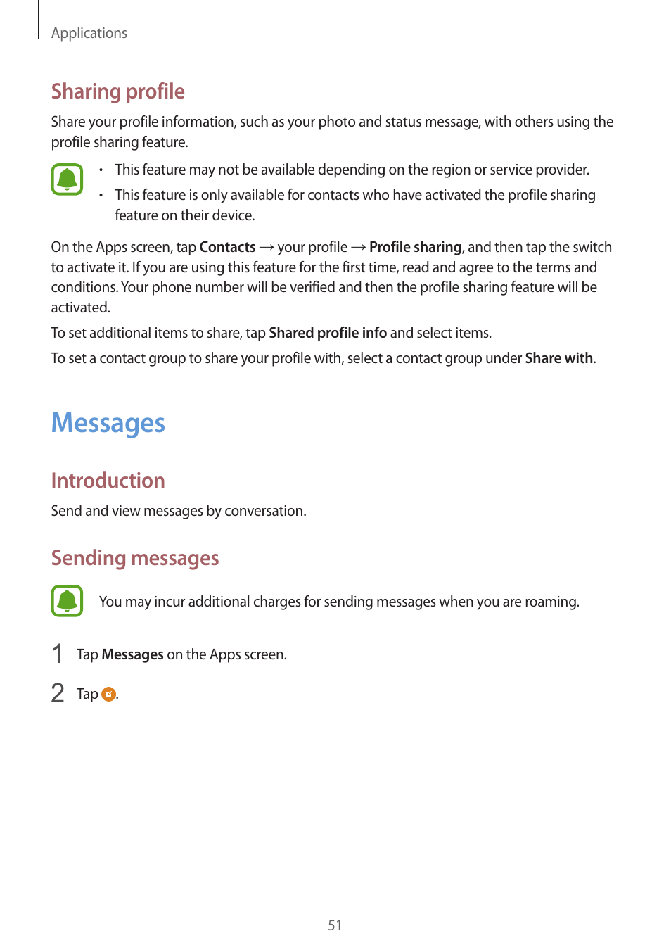 Messages, 51 messages, Sharing profile | Introduction, Sending messages | Samsung Galaxy S6 User Manual | Page 51 / 140
