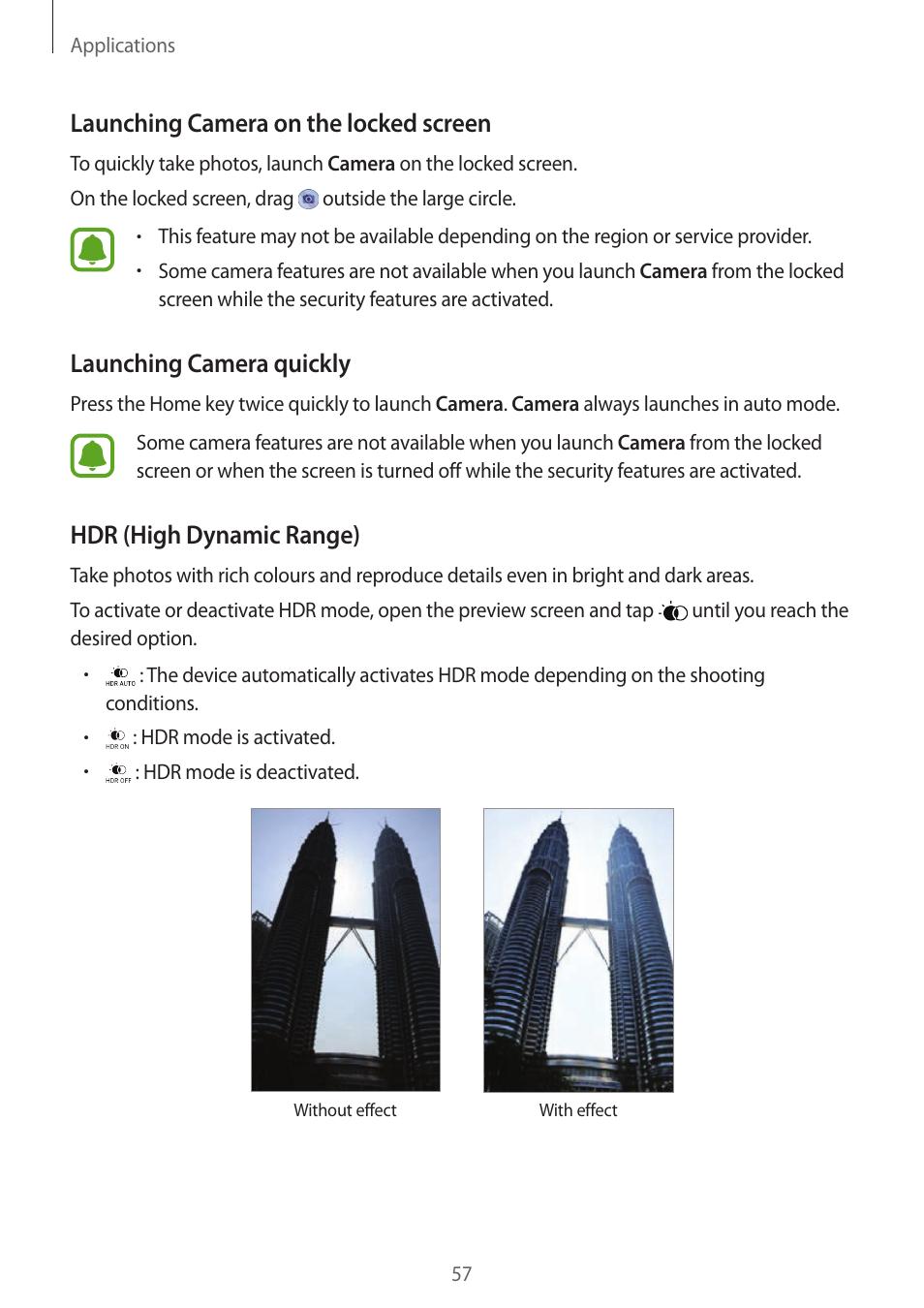 Launching camera on the locked screen, Launching camera quickly, Hdr (high dynamic range) | Samsung Galaxy S6 User Manual | Page 57 / 140