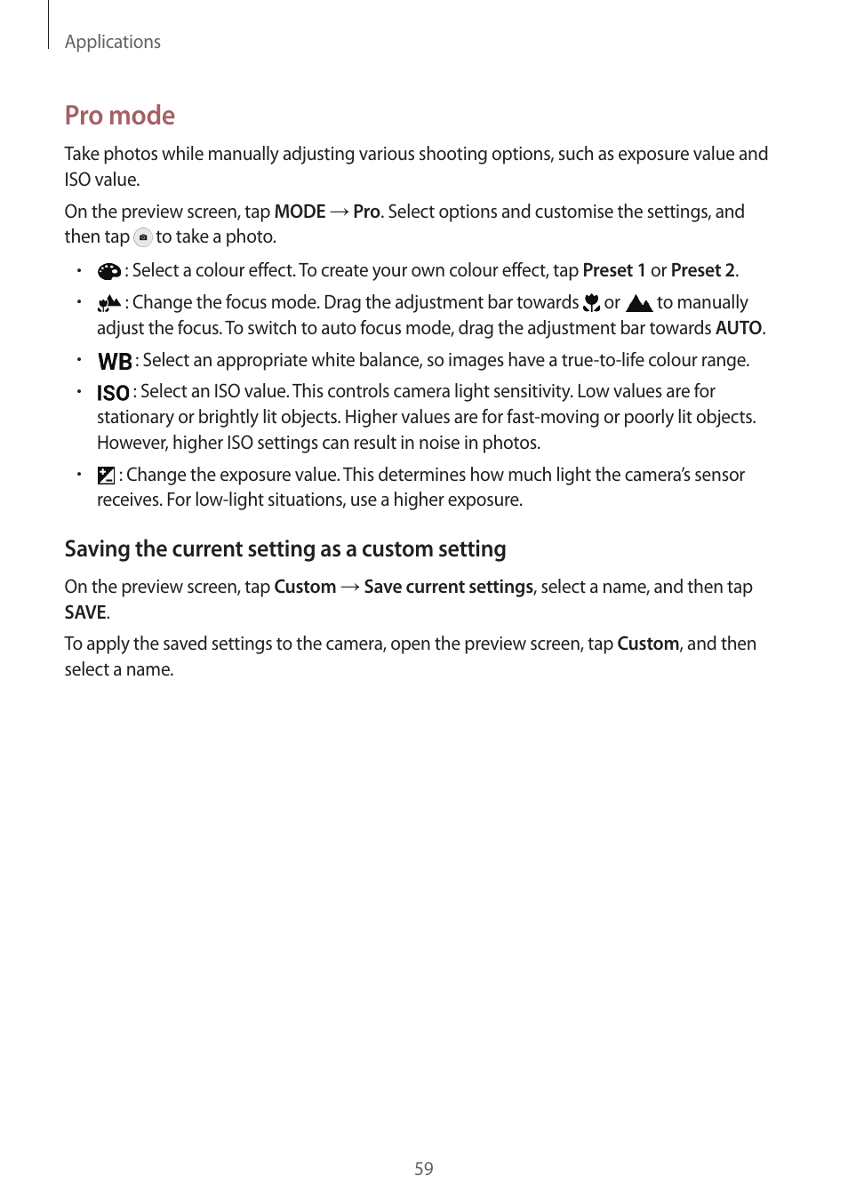 Pro mode, Saving the current setting as a custom setting | Samsung Galaxy S6 User Manual | Page 59 / 140