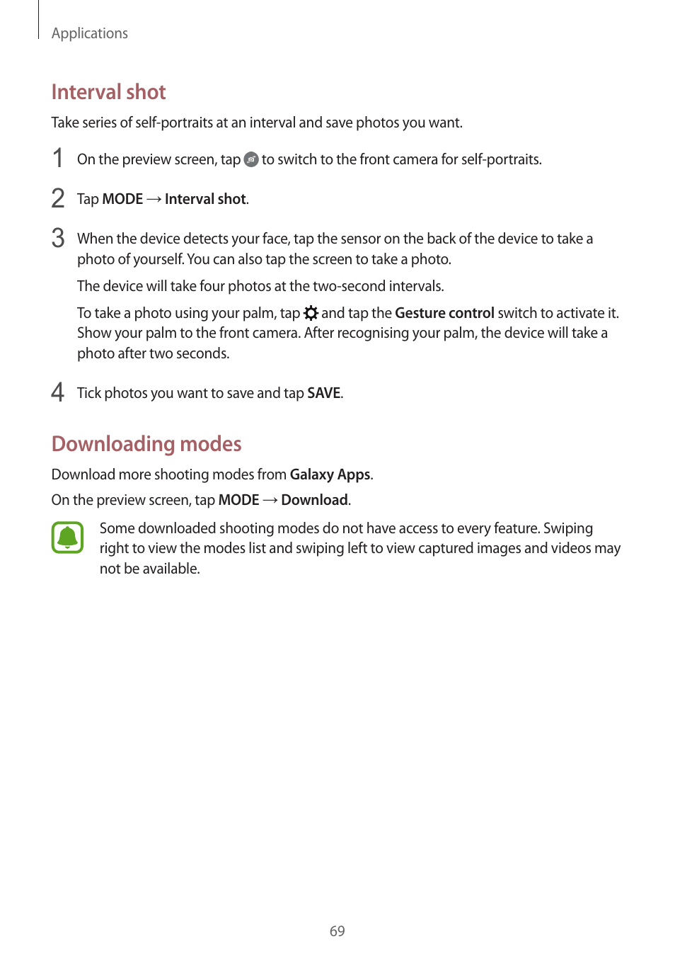 Interval shot, Downloading modes | Samsung Galaxy S6 User Manual | Page 69 / 140
