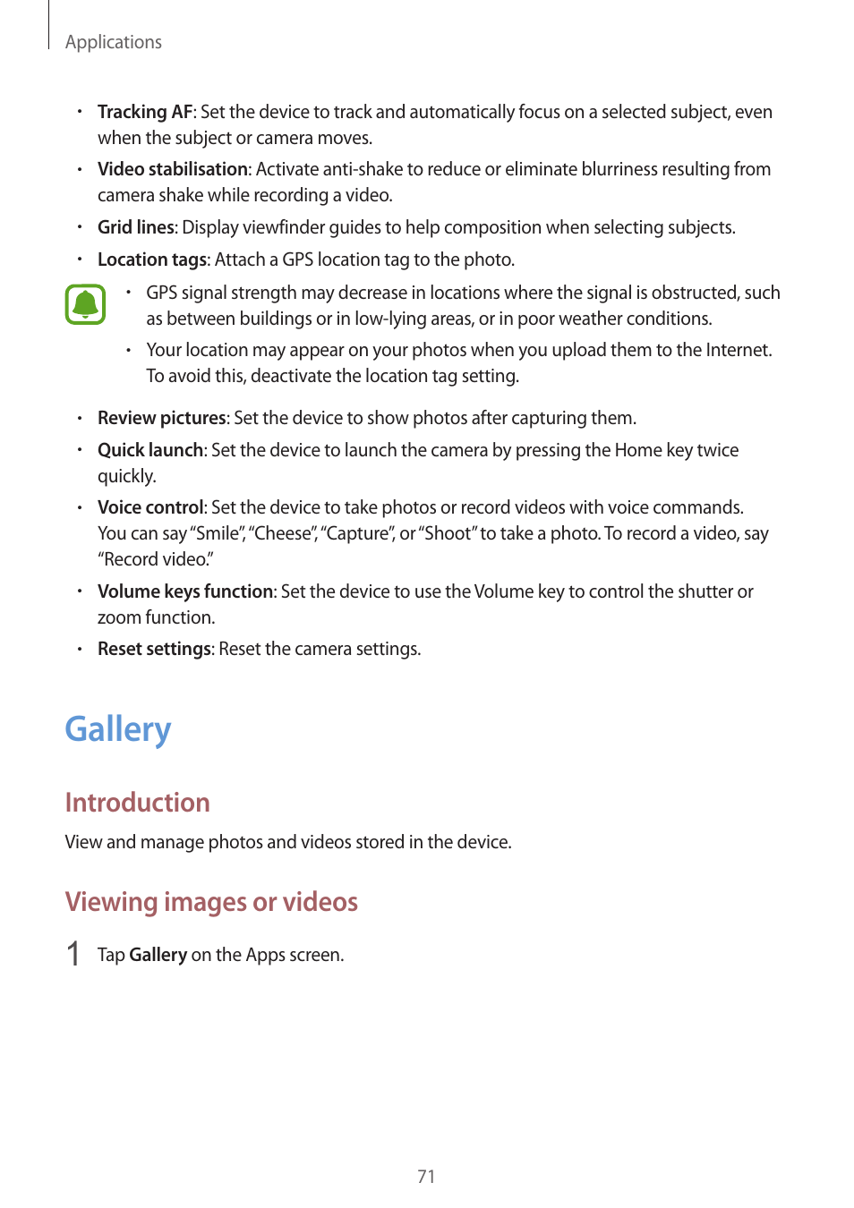 Gallery, 71 gallery, Introduction | Viewing images or videos | Samsung Galaxy S6 User Manual | Page 71 / 140