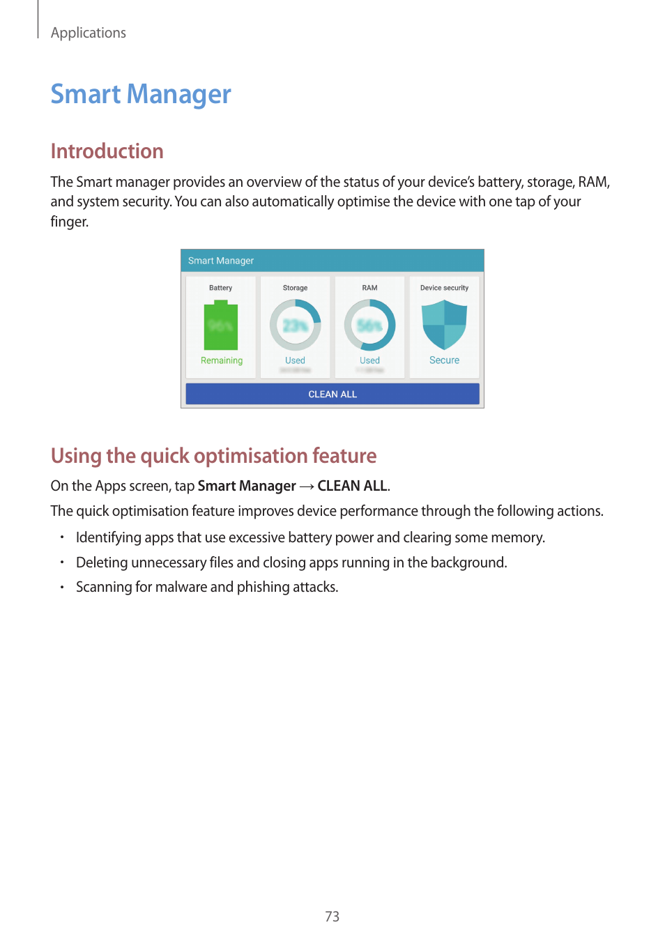 Smart manager, 73 smart manager, Introduction | Using the quick optimisation feature | Samsung Galaxy S6 User Manual | Page 73 / 140