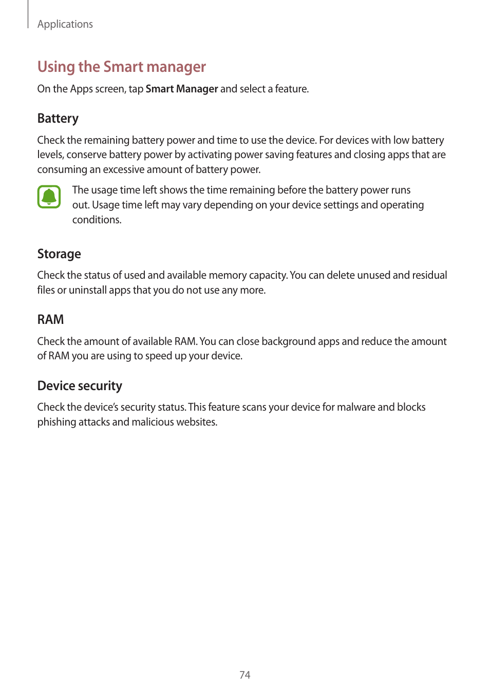 Using the smart manager | Samsung Galaxy S6 User Manual | Page 74 / 140
