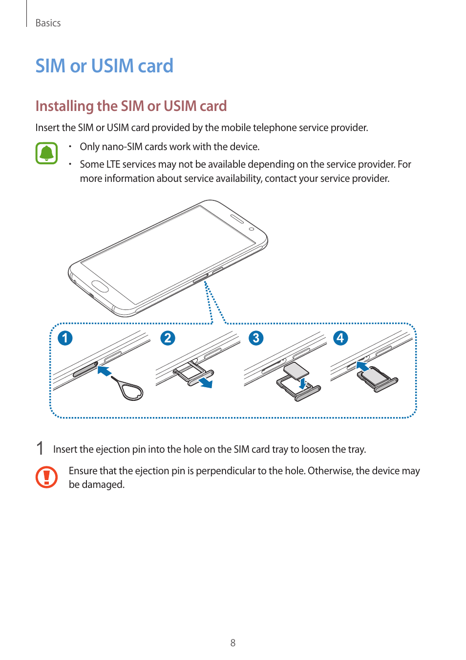 Sim or usim card, Installing the sim or usim card | Samsung Galaxy S6 User Manual | Page 8 / 140