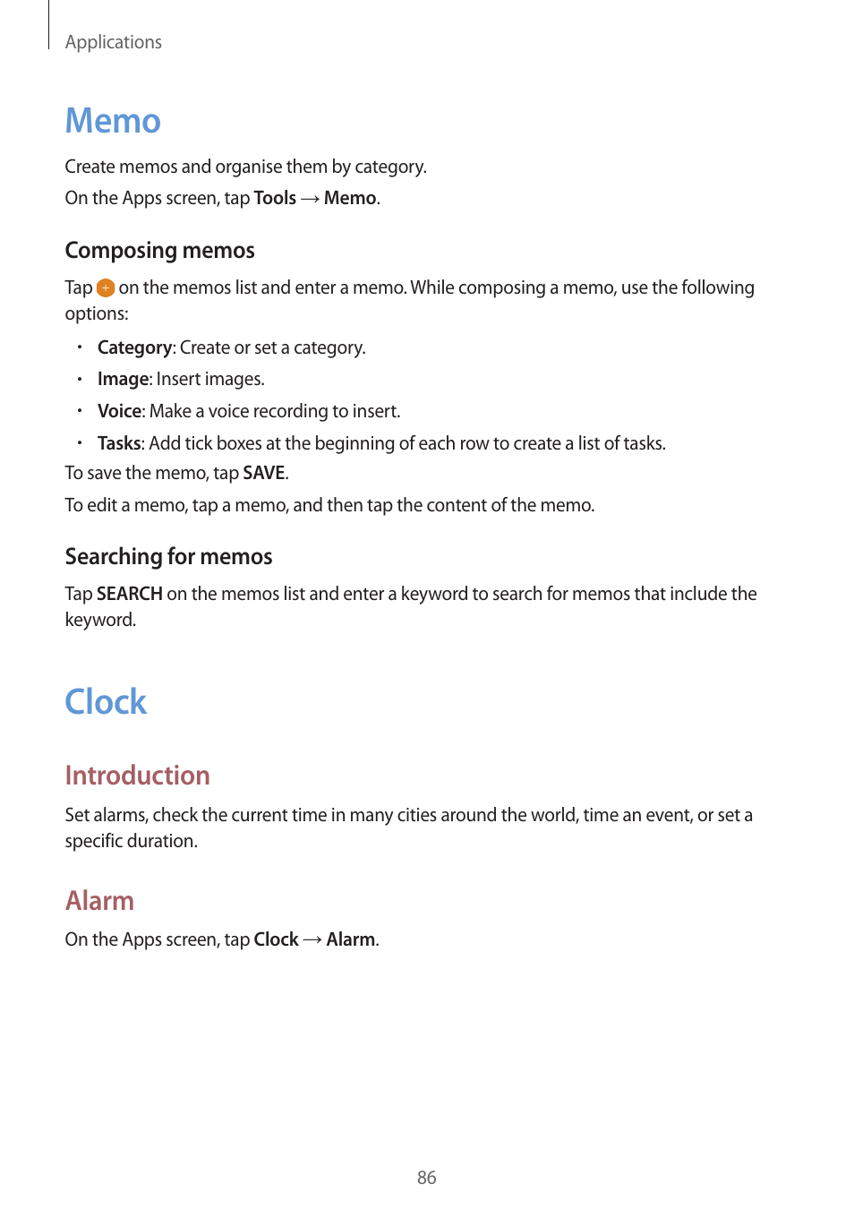 Memo, Clock, 86 memo 86 clock | Introduction, Alarm | Samsung Galaxy S6 User Manual | Page 86 / 140