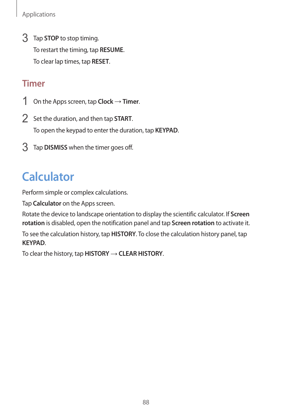 Calculator, 88 calculator, Timer | Samsung Galaxy S6 User Manual | Page 88 / 140
