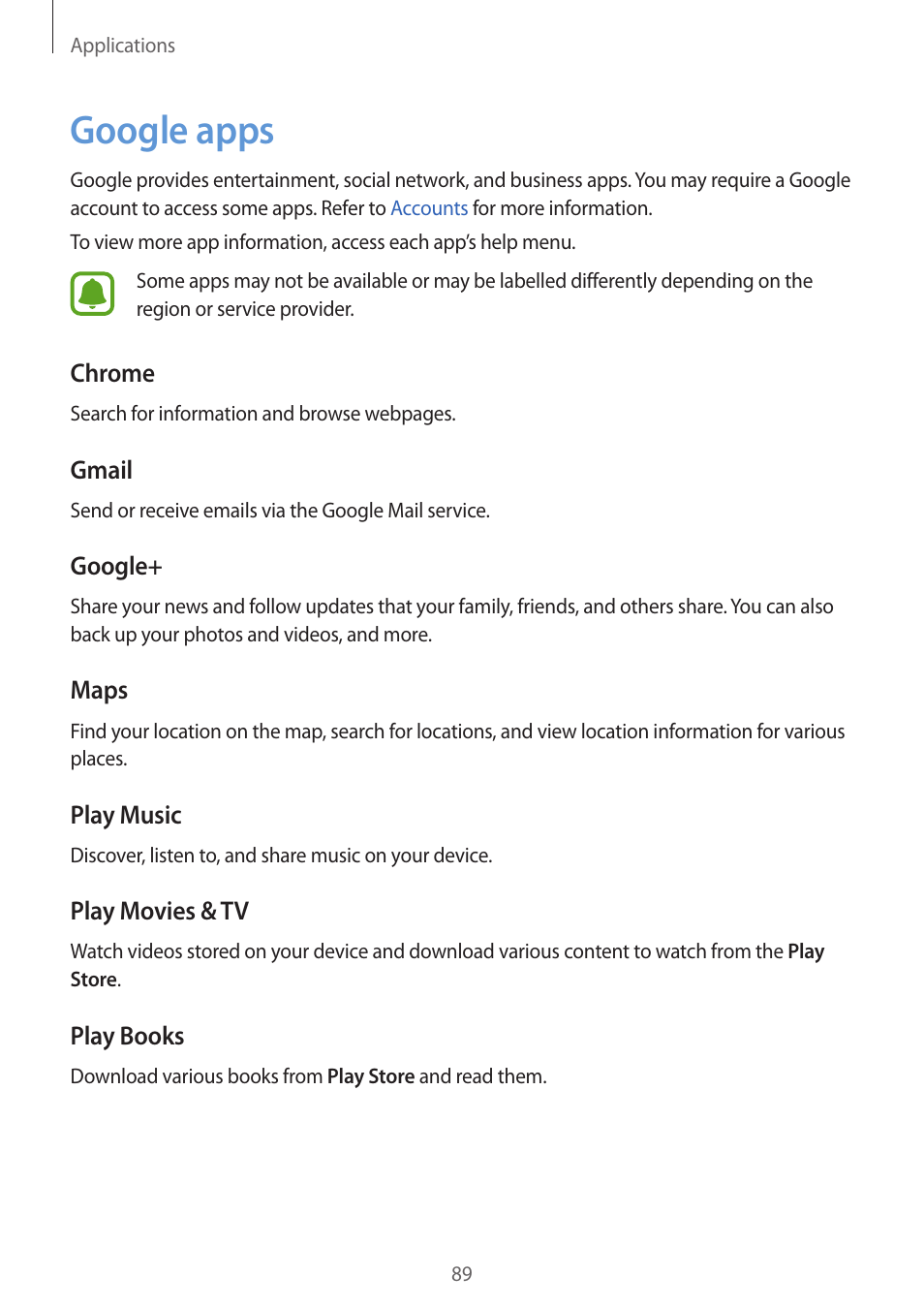 Google apps, 89 google apps | Samsung Galaxy S6 User Manual | Page 89 / 140