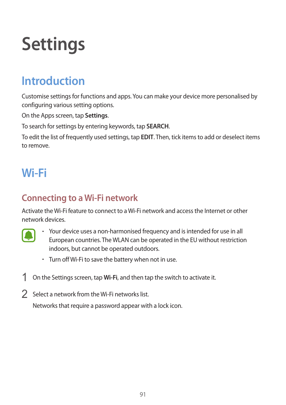 Settings, Introduction, Wi-fi | 91 introduction 91 wi-fi, Connecting to a wi-fi network | Samsung Galaxy S6 User Manual | Page 91 / 140