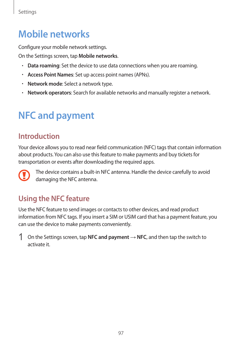 Mobile networks, Nfc and payment, 97 mobile networks 97 nfc and payment | Introduction, Using the nfc feature | Samsung Galaxy S6 User Manual | Page 97 / 140