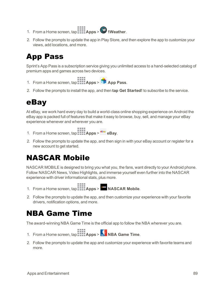 App pass, Ebay, Nascar mobile | Nba game time | Samsung Galaxy Note Edge User Manual | Page 101 / 236