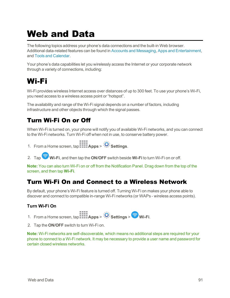 Web and data, Wi-fi, Turn wi-fi on or off | Turn wi-fi on and connect to a wireless network | Samsung Galaxy Note Edge User Manual | Page 103 / 236