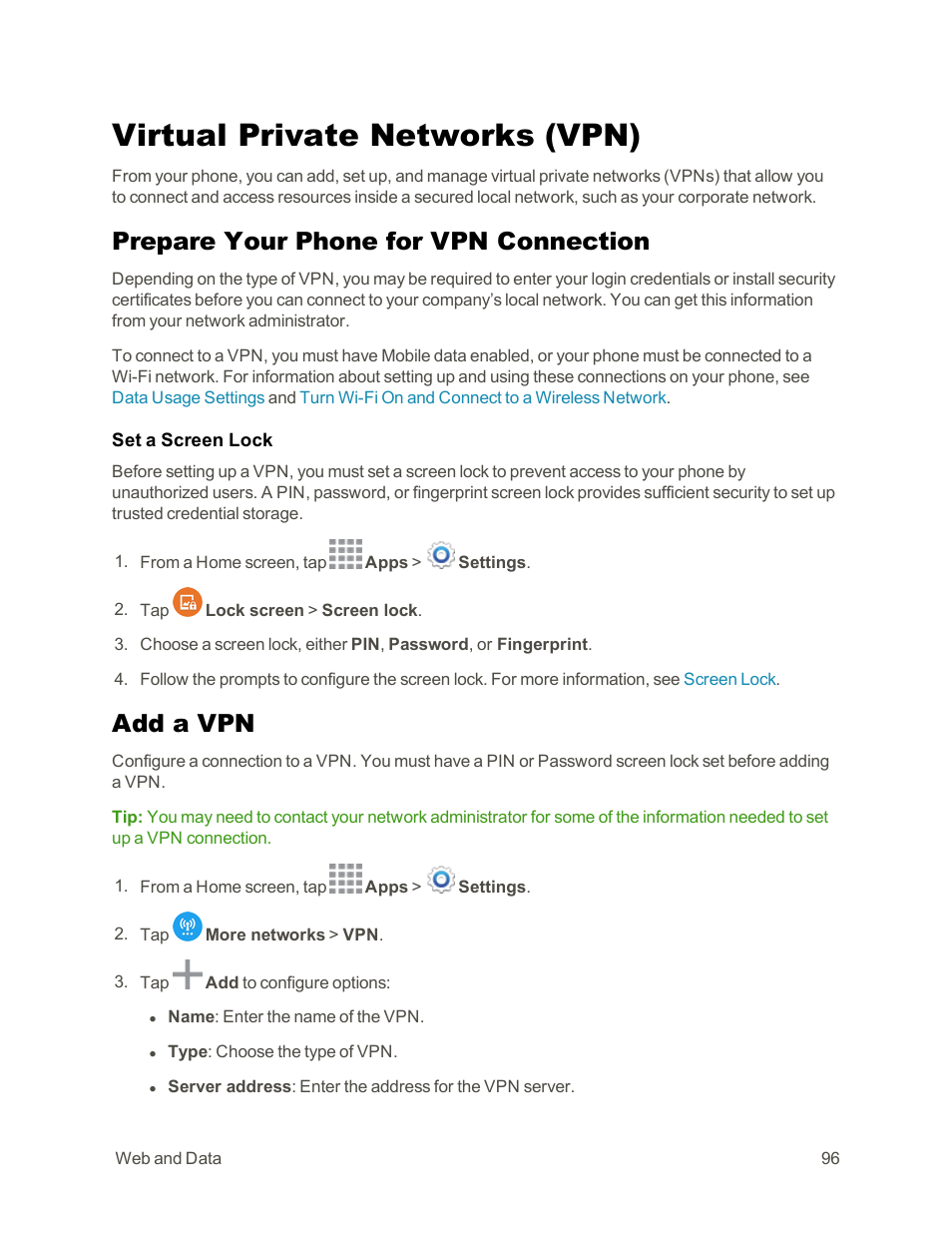 Virtual private networks (vpn), Prepare your phone for vpn connection, Add a vpn | Samsung Galaxy Note Edge User Manual | Page 108 / 236