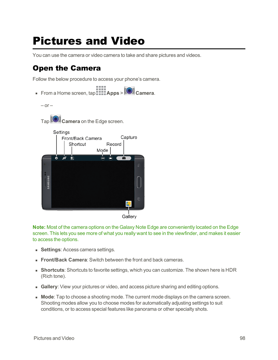 Pictures and video, Open the camera | Samsung Galaxy Note Edge User Manual | Page 110 / 236