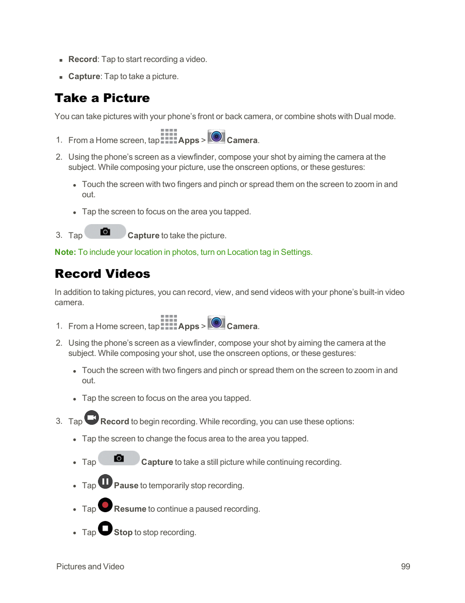Take a picture, Record videos | Samsung Galaxy Note Edge User Manual | Page 111 / 236