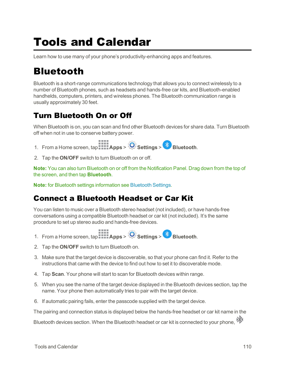 Tools and calendar, Bluetooth, Turn bluetooth on or off | Connect a bluetooth headset or car kit | Samsung Galaxy Note Edge User Manual | Page 122 / 236