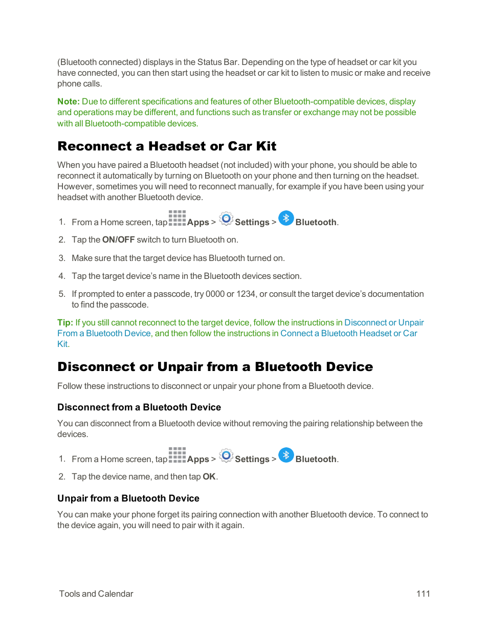 Reconnect a headset or car kit, Disconnect or unpair from a bluetooth device | Samsung Galaxy Note Edge User Manual | Page 123 / 236