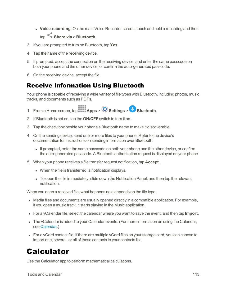 Receive information using bluetooth, Calculator | Samsung Galaxy Note Edge User Manual | Page 125 / 236