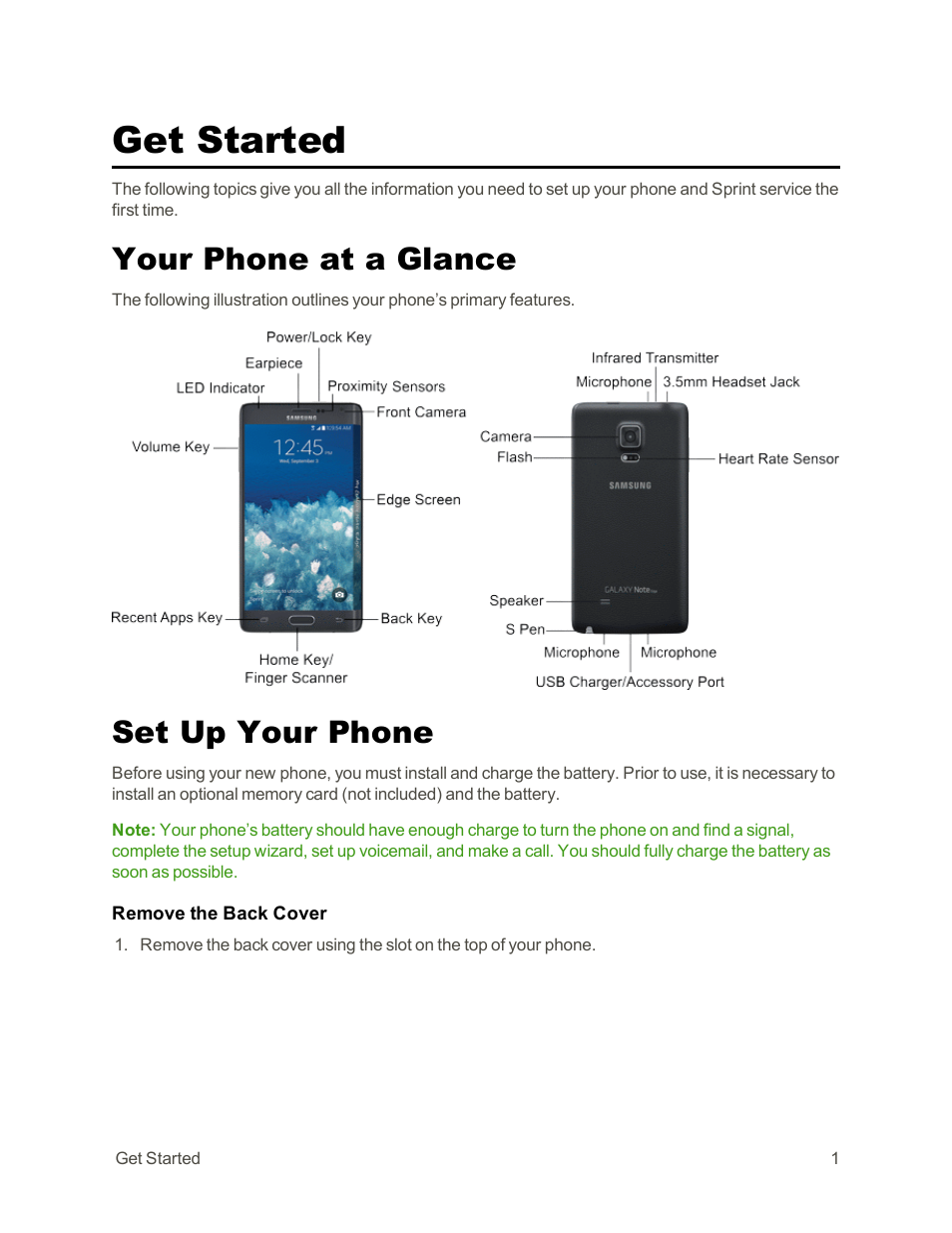 Get started, Your phone at a glance, Set up your phone | Samsung Galaxy Note Edge User Manual | Page 13 / 236