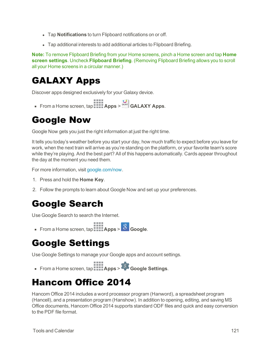 Galaxy apps, Google now, Google search | Google settings, Hancom office 2014 | Samsung Galaxy Note Edge User Manual | Page 133 / 236