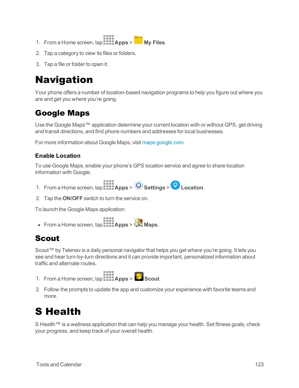 Navigation, Google maps, Scout | S health | Samsung Galaxy Note Edge User Manual | Page 135 / 236
