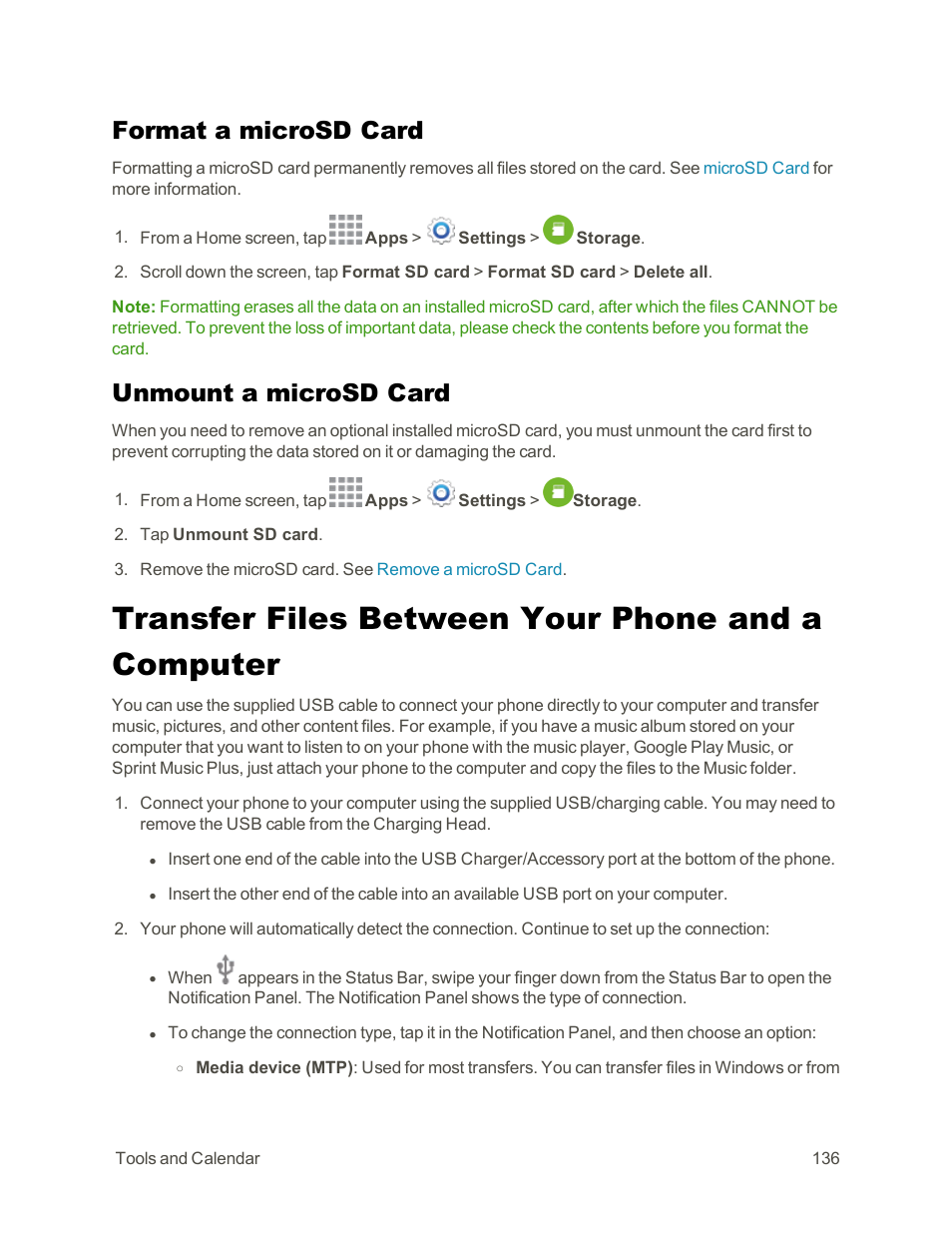 Format a microsd card, Unmount a microsd card, Transfer files between your phone and a computer | Transfer files between your, Phone and a computer, Transfer files between, Your phone and a computer, Unmount a, Microsd card | Samsung Galaxy Note Edge User Manual | Page 148 / 236