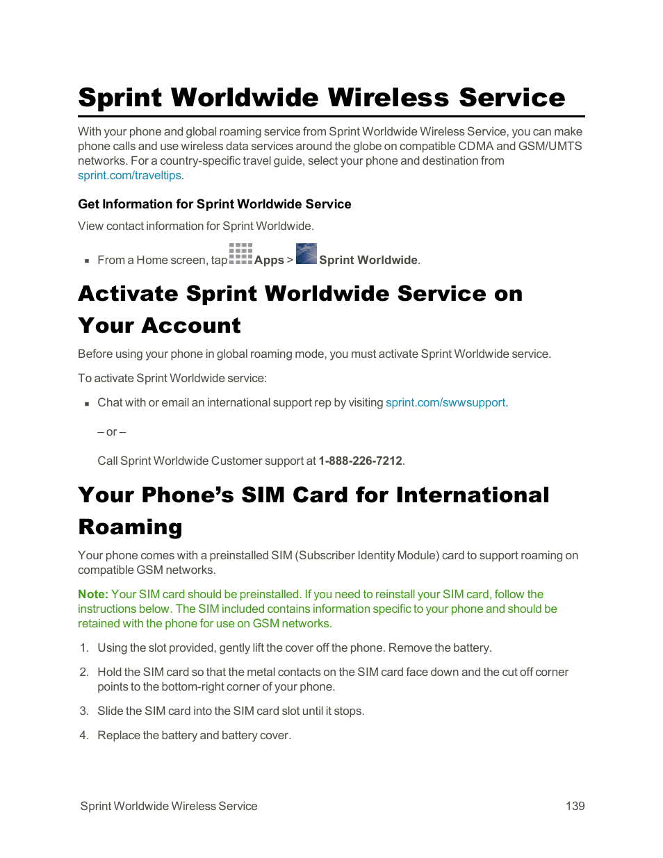 Sprint worldwide wireless service, Activate sprint worldwide service on your account, Your phone’s sim card for international roaming | Samsung Galaxy Note Edge User Manual | Page 151 / 236