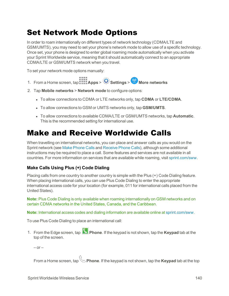 Set network mode options, Make and receive worldwide calls | Samsung Galaxy Note Edge User Manual | Page 152 / 236